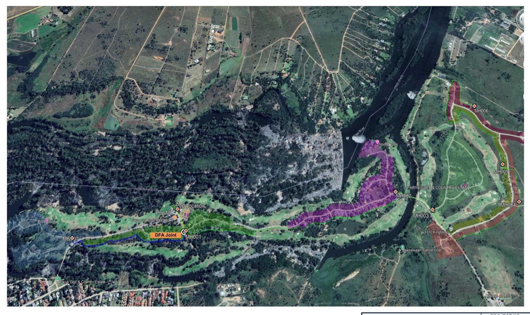 Fibre route map across Parys Golf & Country Estate, from point of presence to each distribution block